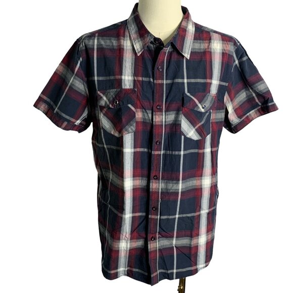 Eighty Eight Button Up Short Sleeve Shirt XL Red Blue Plaid Pockets Collared - Picture 1 of 6